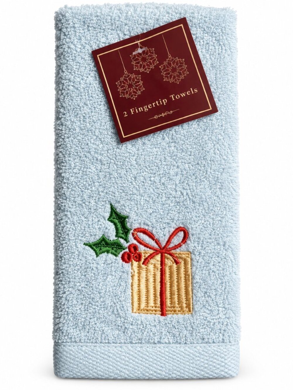 Christmas Fingertip Towels Gold Present Holly Blue Embroidered Bathroom Set of 2